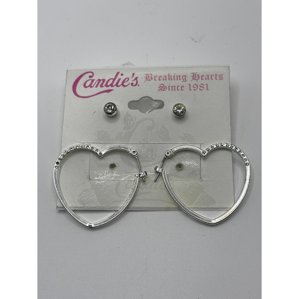 Candies‎ Silver Tone Heart Hoop Rhinestone Earrings and Stud Set 2 Pair New